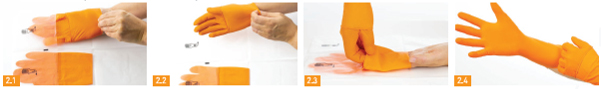 Double-gloving procedure: Pictures showing the different steps to don the first pair of sterile orange gloves 