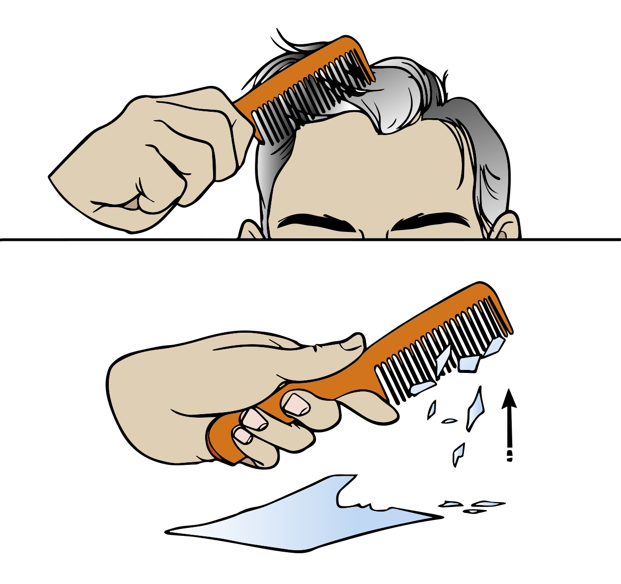 A man manage his hair with a plastic comb then sheets of paper are attracted by the plastic comb